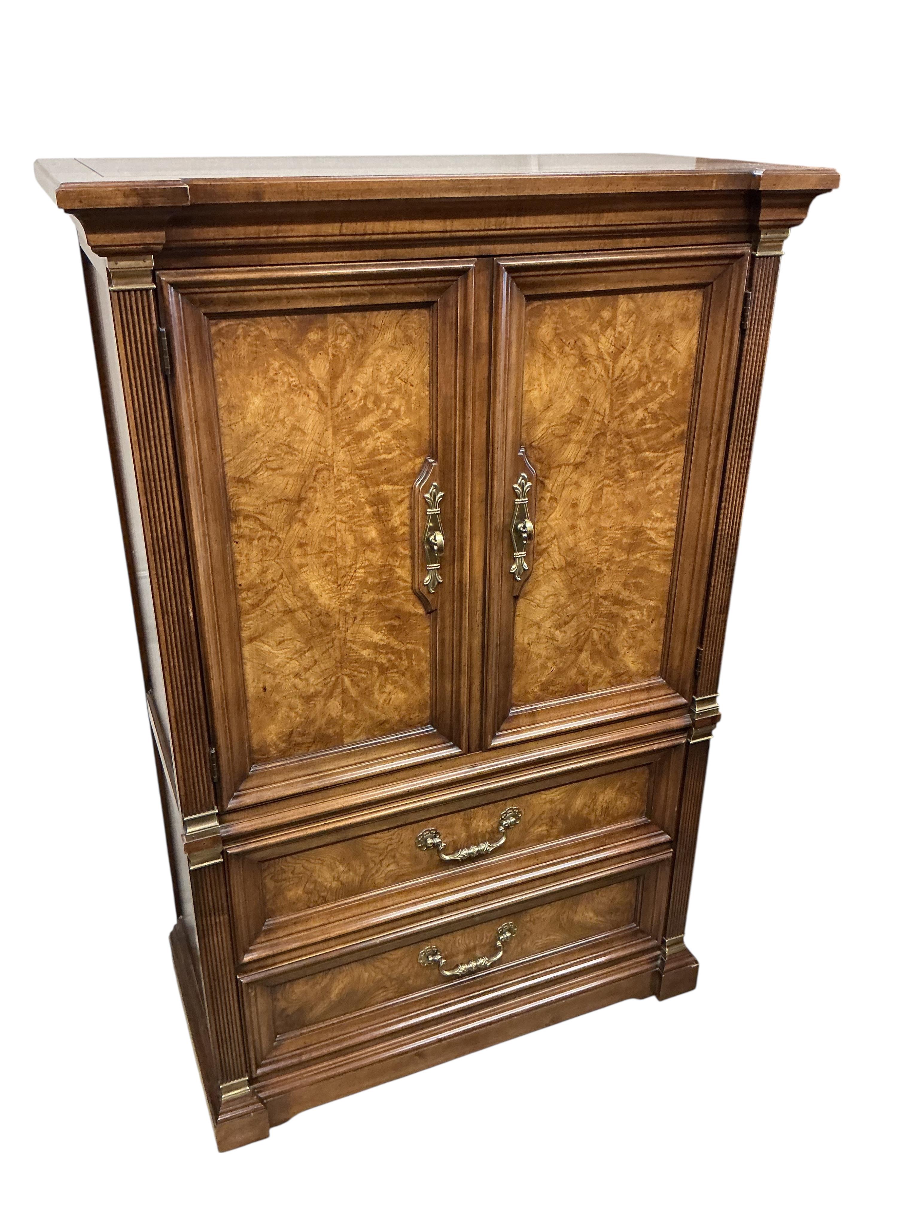 An American reproduction cedar and burr wood press cupboard, width 101cm, depth 50cm, height 154cm